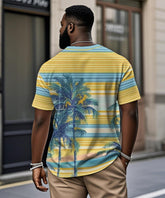 Men's Plus Size Daily Casual Yellow Striped Coconut Tree Print Henley Collar Button Short Sleeve T-Shirt